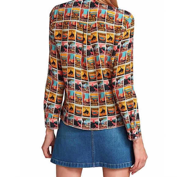 Alice + Olivia Western Postcard with Tag Print Silk Shirt Button-down Top - Picture 10 of 15